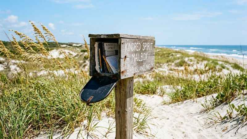 The wooden Kindred Spirit Mailbox surrounded by sand dunes and beach grass on Bird Island.