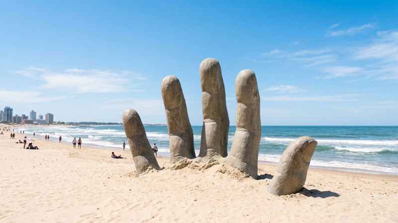La Mano fingers sculpture rising out of the sand on the beach in Punta del Este