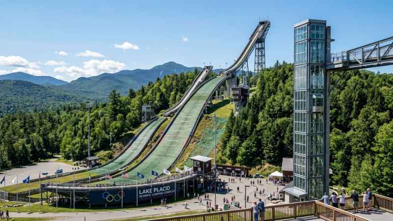 The large ski jumps at the Olympic Jumping Complex in Lake Placid.