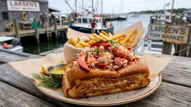 Fresh lobster roll served at Larsen's Fish Market in Menemsha, Martha's Vineyard.