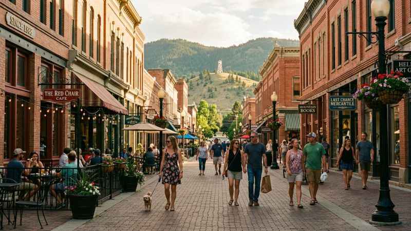 People walking along the Last Chance Gulch pedestrian mall in downtown Helena, Montana.