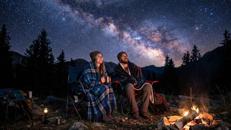 People stargazing under a dark sky filled with bright stars.