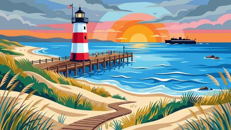 Flat vector illustration of the Ludington coastline featuring a red-and-white striped lighthouse, pier, and the SS Badger ferry.