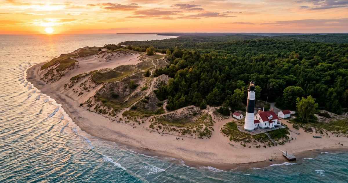 Aerial drone view of Big Sable Point Lighthouse and sand dunes at Ludington State Park along Lake Michigan during golden hour.