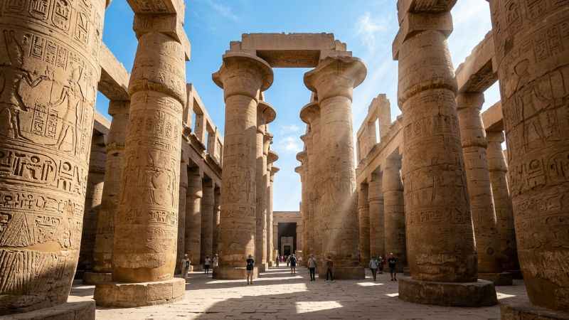 Massive stone columns at Karnak Temple in Luxor, Egypt.