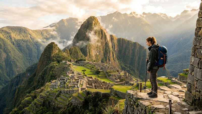 Hiker looking over the historic stone ruins of Machu Picchu in Peru.