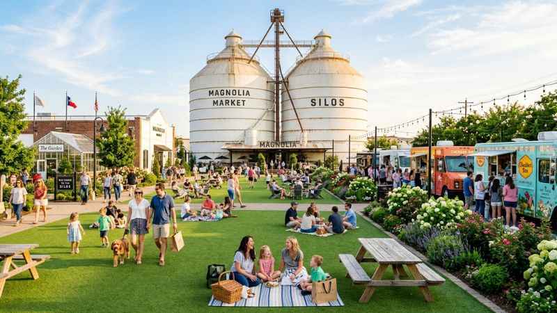 Visitors walking around the lawn and silos at Magnolia Market in Waco, Texas.