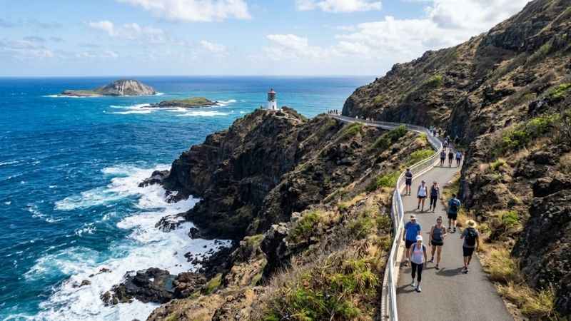 Hikers walking along the paved coastal ridge trail at Makapuʻu Point on Oʻahu.