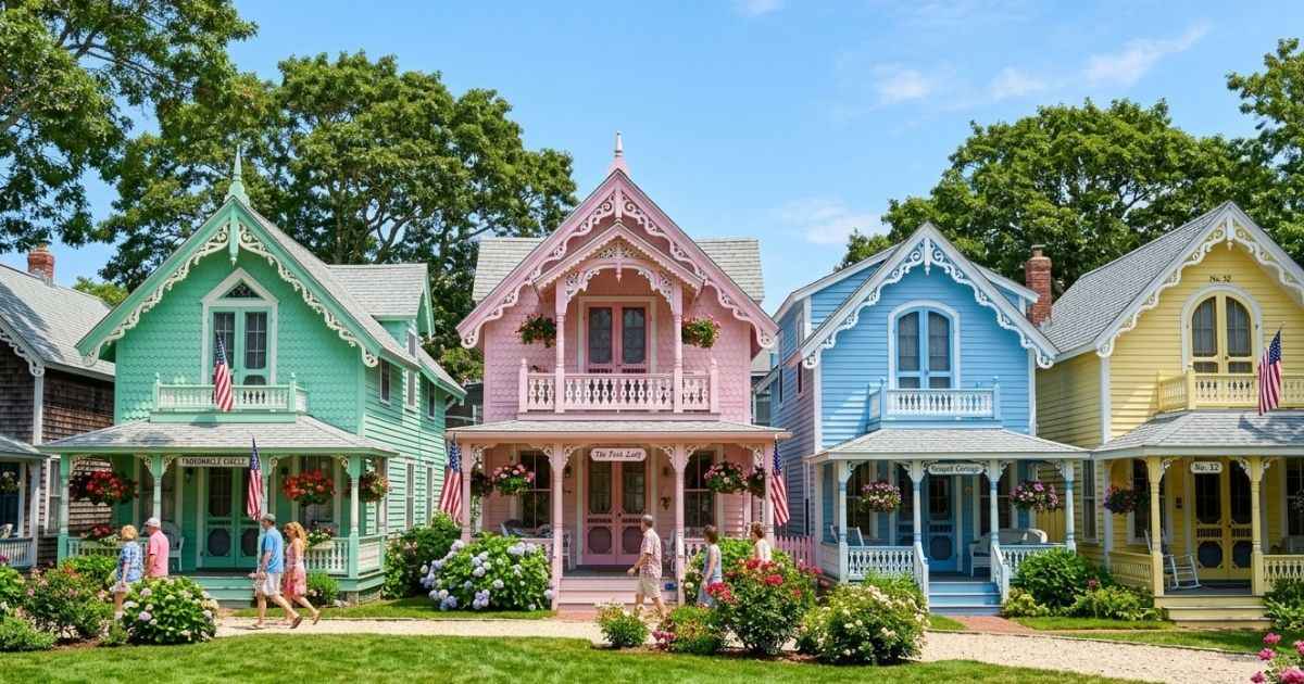 Brightly painted Victorian Gingerbread Houses in Oak Bluffs, Martha's Vineyard.