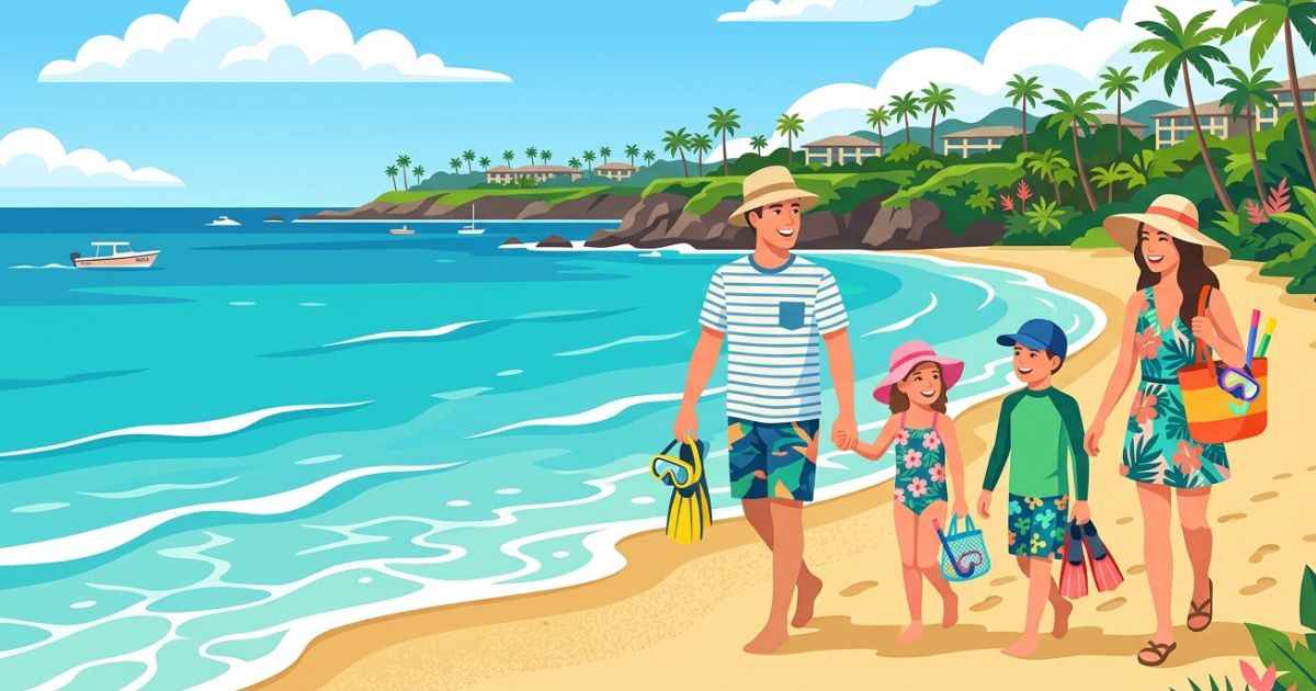 A family of four with snorkel gear walking on the golden sand of Kapalua Bay in Maui under a bright blue sky.