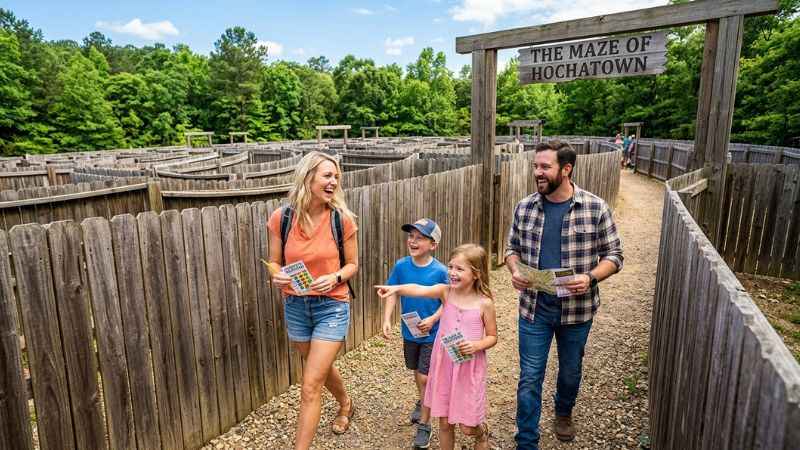 Family walking through the wooden pathways at the Maze of Hochatown.