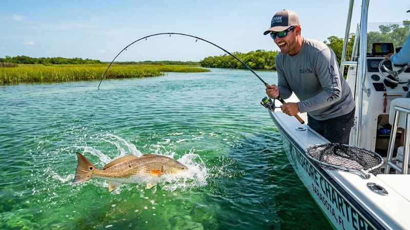 Fisherman reeling in a catch during an inshore fishing trip in Mexico Beach, Florida.