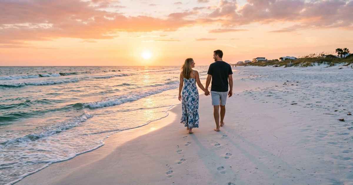 Golden sunset casting warm light over the uncrowded white-sand beach in Mexico Beach, Florida.