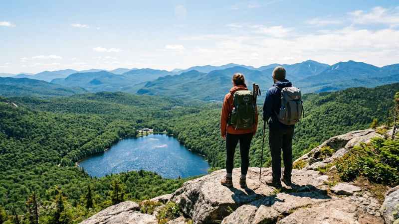 Hikers enjoying the view of Heart Lake from the top of Mount Jo near Lake Placid.