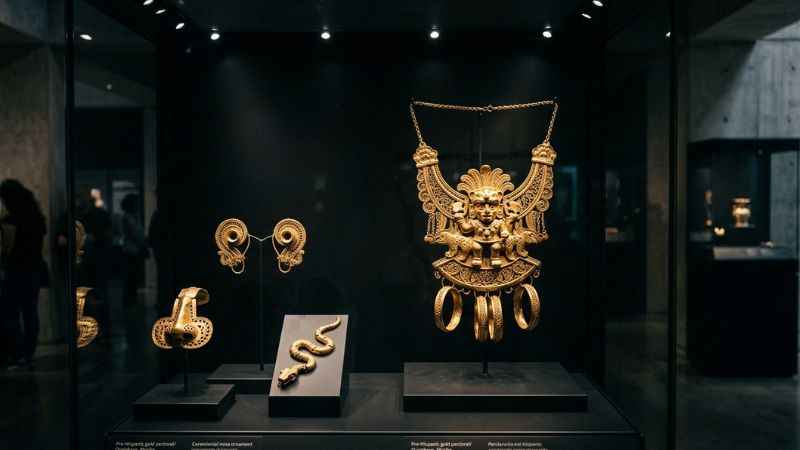 Intricate pre-Hispanic gold artifacts on display inside the Gold Museum in Bogotá.