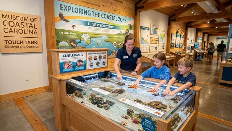 Educational marine exhibits and touch-tank displays inside the Museum of Coastal Carolina.