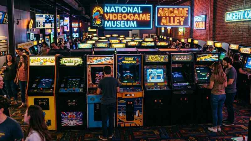 Visitors playing vintage arcade games at the National Videogame Museum in Frisco Texas.