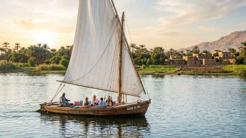 Traditional felucca sailboat gliding down the Nile River in Egypt.