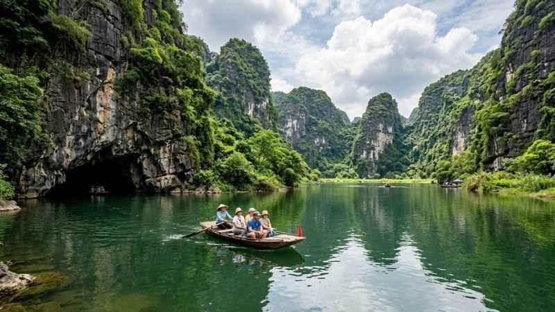 Tourists riding a rowboat through limestone caves on a day trip from Hanoi to Ninh Binh.