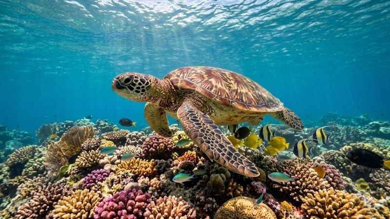 Green sea turtle swimming near the coral reef at Hanauma Bay Nature Preserve on Oʻahu.