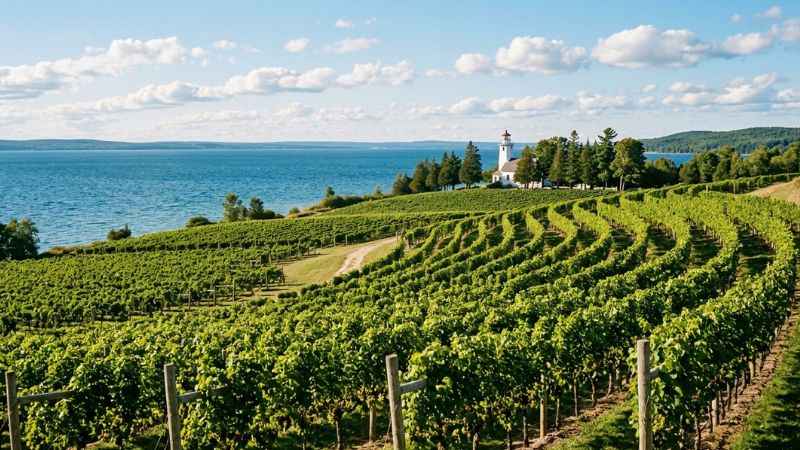 Lush vineyards on the Old Mission Peninsula near Traverse City, Michigan.