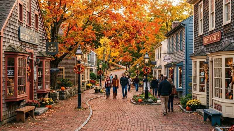 Shoppers walking along brick pathways surrounded by autumn trees at Olde Mistick Village.