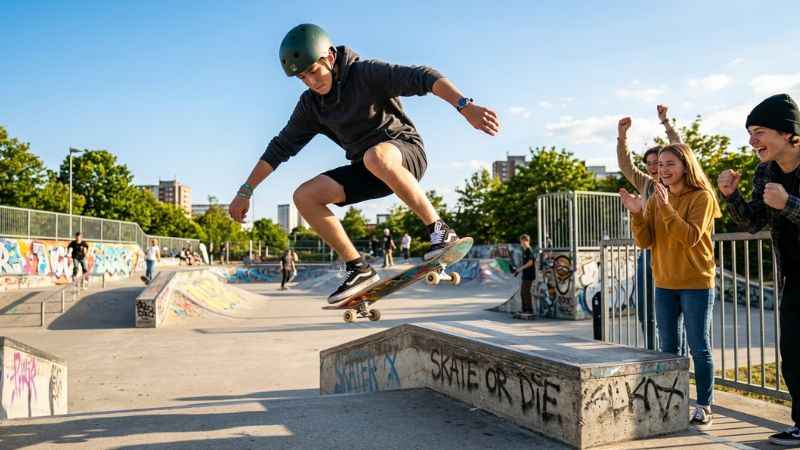 Teenagers riding skateboards at a local outdoor skate park.