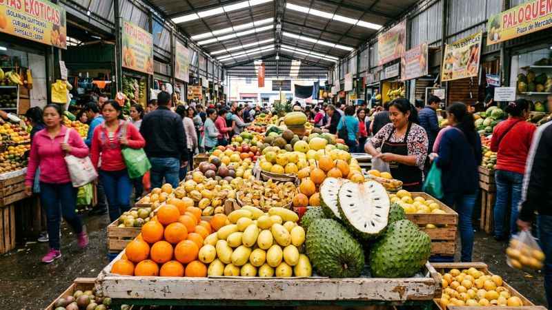 Stalls filled with colorful fresh exotic tropical fruits at Paloquemao Market in Bogotá.