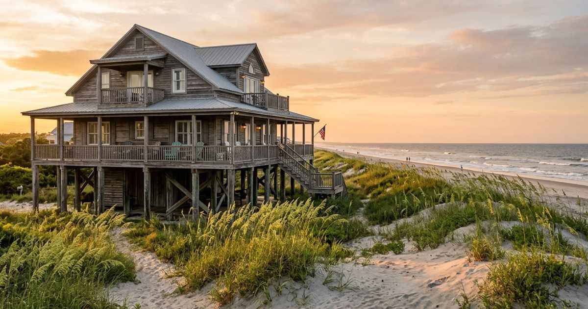 Weathered wooden cottage behind sand dunes and sea oats on Pawleys Island, South Carolina.