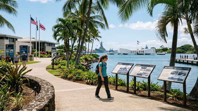 Visitors exploring the grounds at the Pearl Harbor National Memorial in Honolulu.
