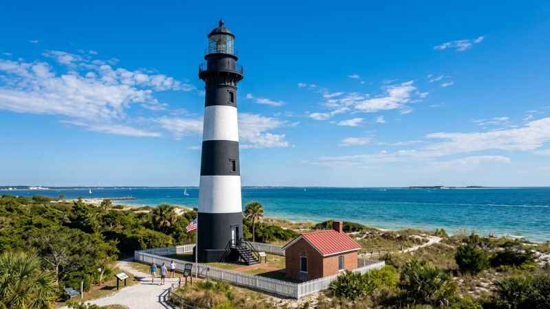 The historic Pensacola Lighthouse and Maritime Museum tower near the Gulf coast.