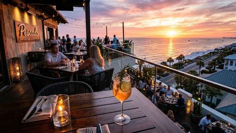 Sunset view from Pescado rooftop restaurant overlooking the Gulf in Rosemary Beach