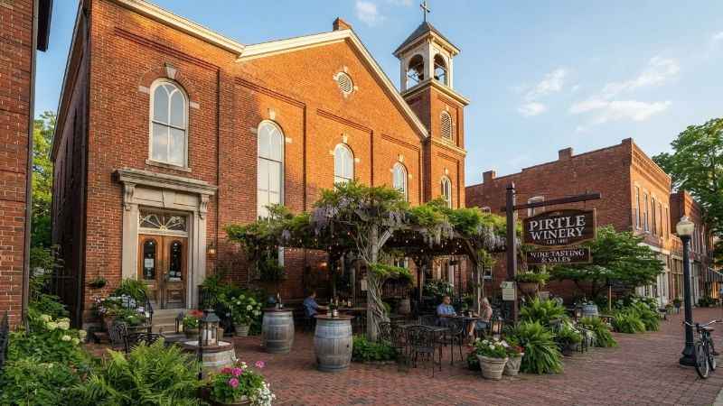 Historic brick church building housing Pirtle Winery in Weston MO.