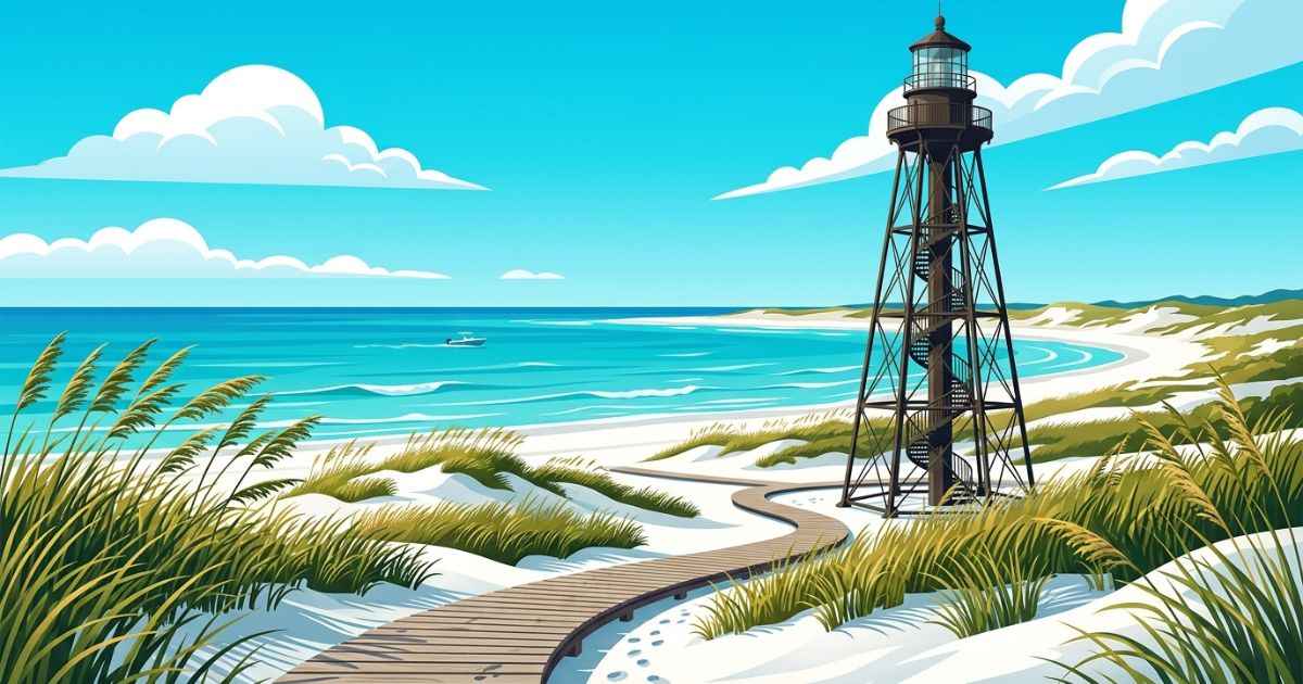 Vibrant 3D vector illustration of the historic black and white Cape San Blas Lighthouse against a turquoise Gulf Coast sky with white sand dunes.