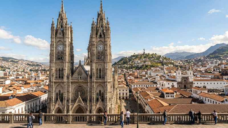 View of the Basílica del Voto Nacional overlooking the historic center of Quito Ecuador.