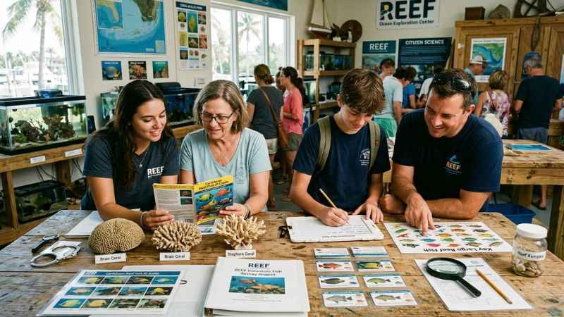 Visitors learning about fish identification at the REEF Ocean Exploration Center in Key Largo.