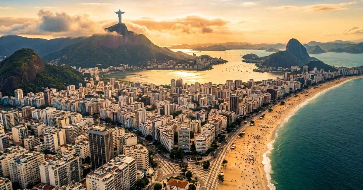 Panoramic view of Rio de Janeiro featuring Christ the Redeemer and Copacabana beach at golden hour.
