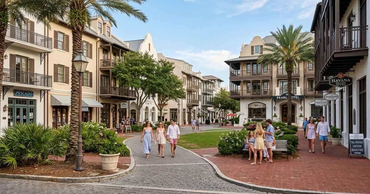 Barrett Square pedestrian center and European architecture in Rosemary Beach Florida