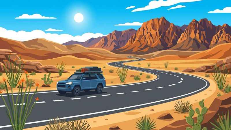 A car driving along the winding Ross Maxwell Scenic Drive past desert hills in Big Bend National Park.