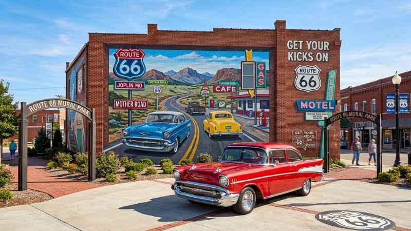 Vibrant 3D wall art and classic car sculpture at the Route 66 Mural Park in Joplin MO.