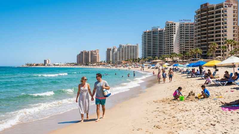 Visitors relaxing on the shore of Sandy Beach in Puerto Peñasco, Mexico.