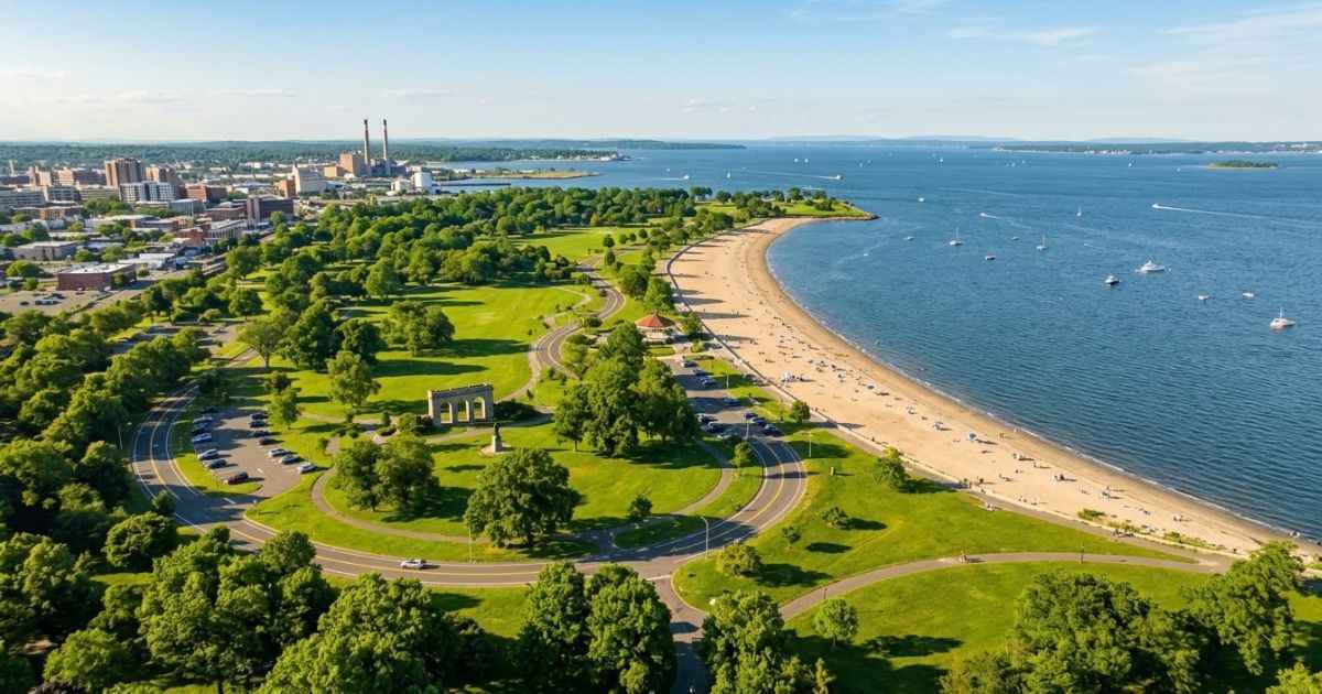 Aerial view of Seaside Park shoreline and beach in Bridgeport, Connecticut.