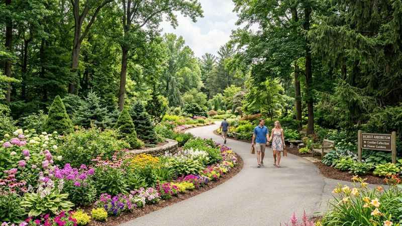 People walking on a paved garden path surrounded by trees at Secrest Arboretum in Wooster, Ohio.