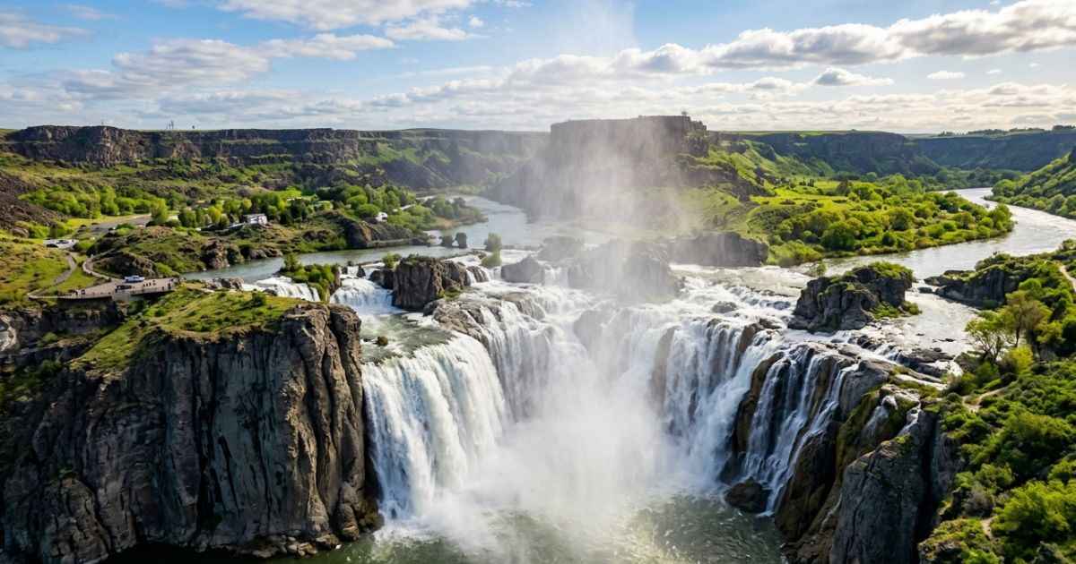 Shoshone Falls rushing over the cliff in Twin Falls, Idaho during spring snowmelt.
