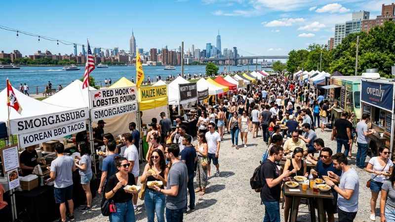 Visitors enjoying food vendors at Smorgasburg market in Williamsburg Brooklyn.