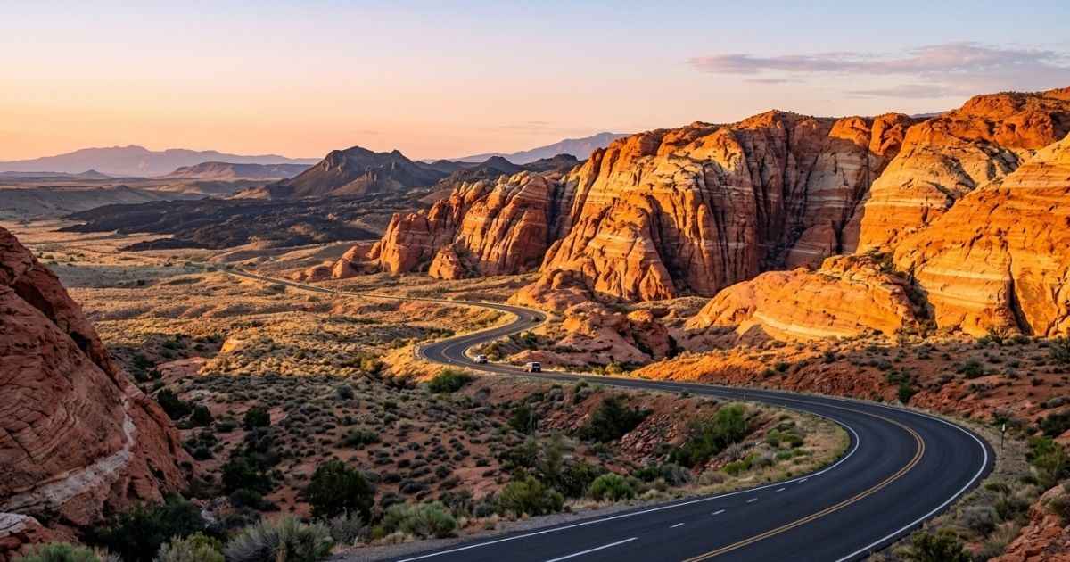 Red sandstone cliffs and winding highway cutting through Snow Canyon State Park near St. George, Utah.