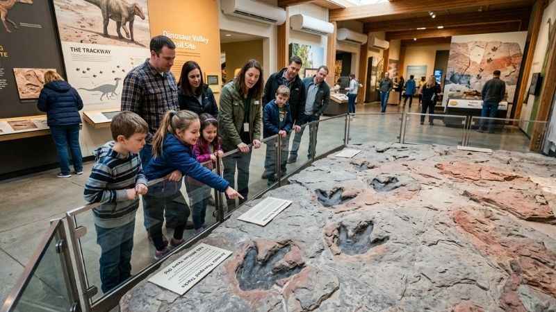 Visitors looking at real fossilized dinosaur tracks inside the St. George Dinosaur Discovery Site at Johnson Farm.