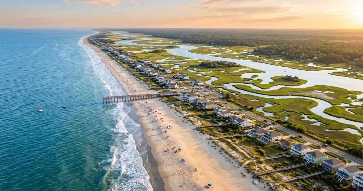 Aerial view of the sandy shoreline, ocean waves, and green coastal marshes in Sunset Beach, North Carolina.