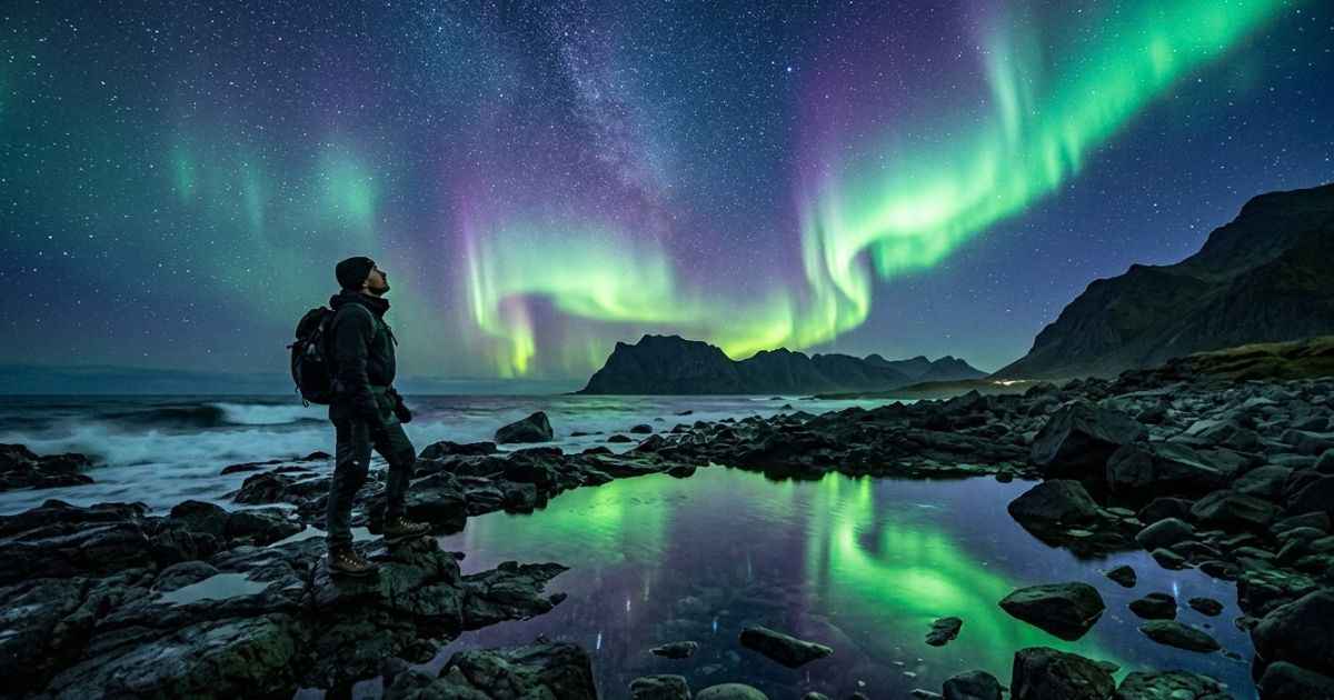 Traveler gazing at the glowing Northern Lights in the night sky.