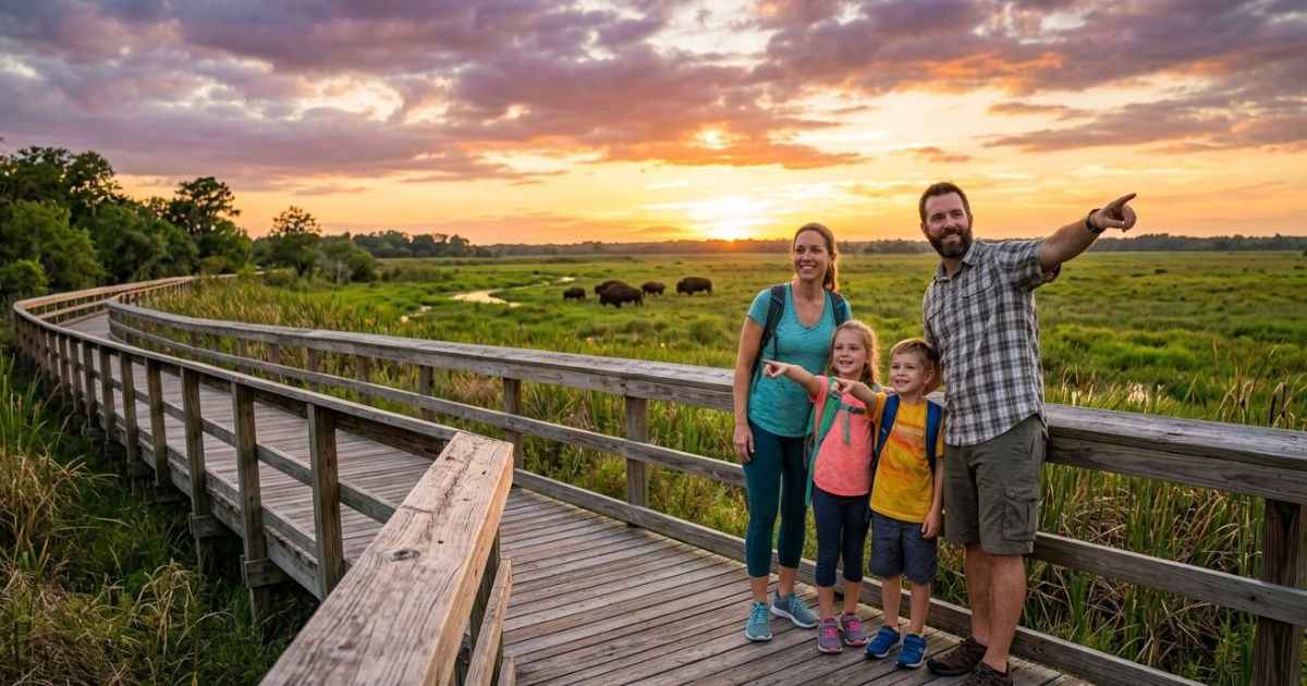 Family walking on the La Chua Trail boardwalk at Paynes Prairie in Gainesville Florida at sunset.